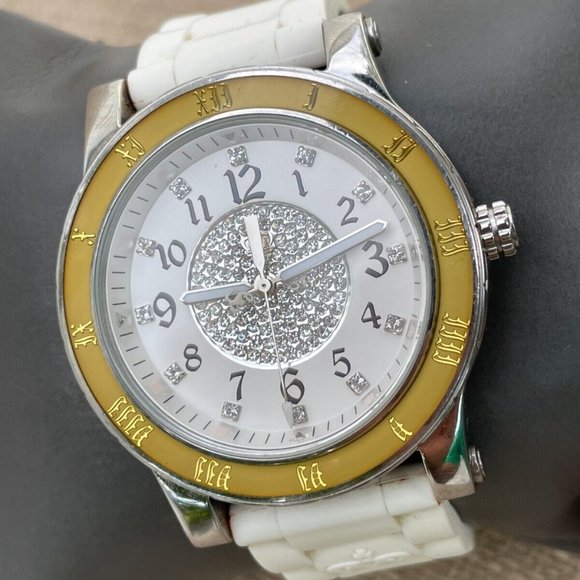 Juicy Couture Ladies Wrist Watch Crytals Accent Face White Rubber Band Quartz - Picture 3 of 12